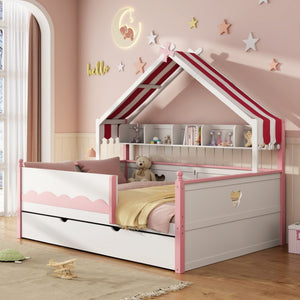 English Elm Twin House-Shaped Daybed with Canopy Tent Bookshelf and Trundle for Kids Bedroom Full White+Pink LP000430AAH