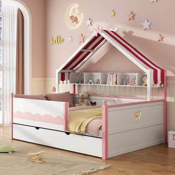 English Elm Twin House-Shaped Daybed with Canopy Tent Bookshelf and Trundle for Kids Bedroom Full White+Pink LP000430AAH