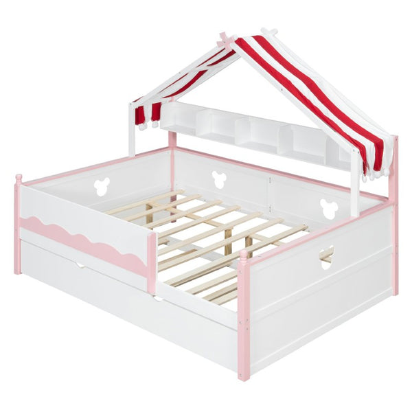 English Elm Twin House-Shaped Daybed with Canopy Tent Bookshelf and Trundle for Kids Bedroom Full White+Pink LP000430AAH