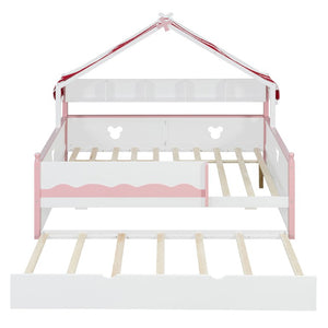 English Elm Twin House-Shaped Daybed with Canopy Tent Bookshelf and Trundle for Kids Bedroom Full White+Pink LP000430AAH