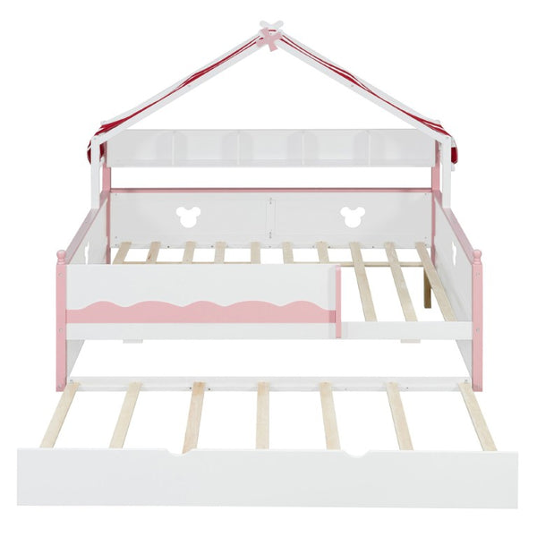 English Elm Twin House-Shaped Daybed with Canopy Tent Bookshelf and Trundle for Kids Bedroom Full White+Pink LP000430AAH