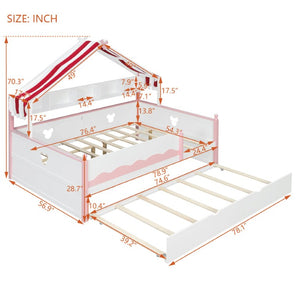 English Elm Twin House-Shaped Daybed with Canopy Tent Bookshelf and Trundle for Kids Bedroom Full White+Pink LP000430AAH