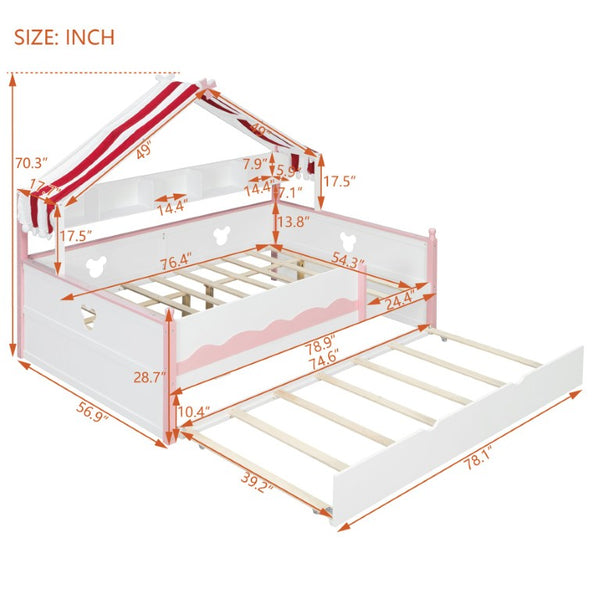 English Elm Twin House-Shaped Daybed with Canopy Tent Bookshelf and Trundle for Kids Bedroom Full White+Pink LP000430AAH