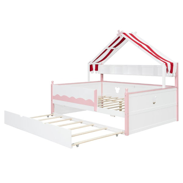 English Elm Twin House-Shaped Daybed with Canopy Tent Bookshelf and Trundle for Kids Bedroom Full White+Pink LP000430AAH
