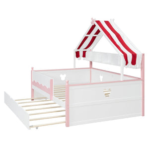 English Elm Twin House-Shaped Daybed with Canopy Tent Bookshelf and Trundle for Kids Bedroom Full White+Pink LP000430AAH