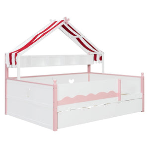 English Elm Twin House-Shaped Daybed with Canopy Tent Bookshelf and Trundle for Kids Bedroom Full White+Pink LP000430AAH