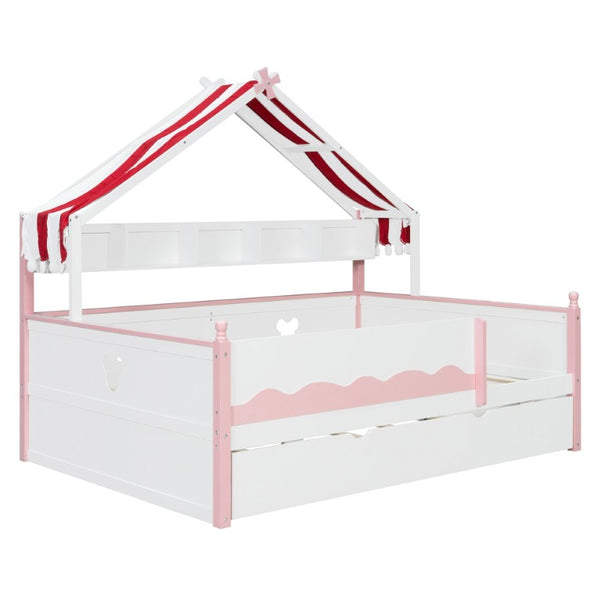 English Elm Twin House-Shaped Daybed with Canopy Tent Bookshelf and Trundle for Kids Bedroom Full White+Pink LP000430AAH