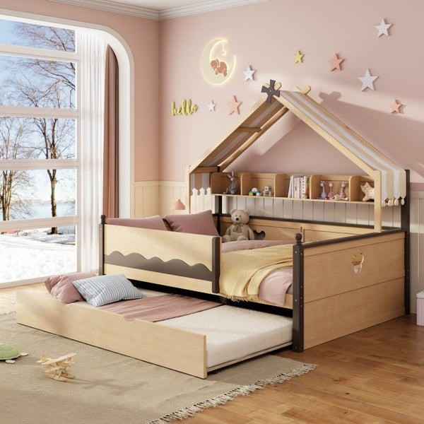 English Elm Full Size Playhouse Bed with Bookshelf Trundle Canopy and Pinewood Kids Frame Natural+Espresso 78.9 L x 56.9 W x 70.3 H LP000430AAN