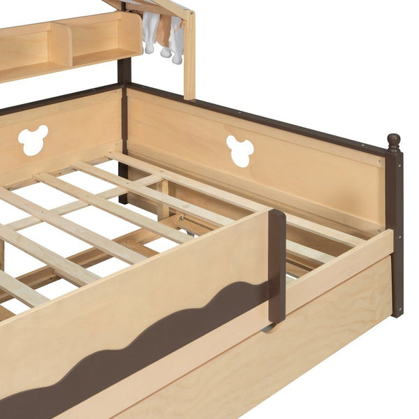 English Elm Full Size Playhouse Bed with Bookshelf Trundle Canopy and Pinewood Kids Frame Natural+Espresso 78.9 L x 56.9 W x 70.3 H LP000430AAN