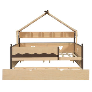 English Elm Full Size Playhouse Bed with Bookshelf Trundle Canopy and Pinewood Kids Frame Natural+Espresso 78.9 L x 56.9 W x 70.3 H LP000430AAN