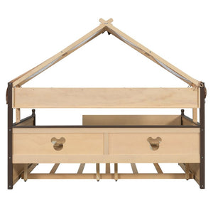 English Elm Full Size Playhouse Bed with Bookshelf Trundle Canopy and Pinewood Kids Frame Natural+Espresso 78.9 L x 56.9 W x 70.3 H LP000430AAN