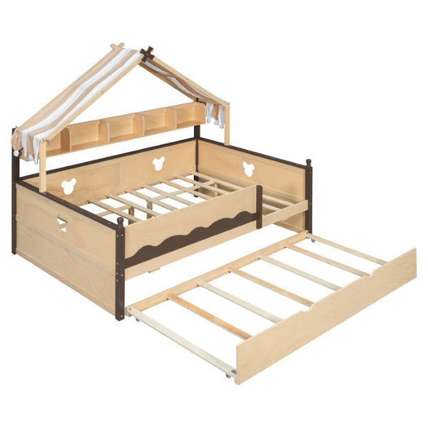 English Elm Full Size Playhouse Bed with Bookshelf Trundle Canopy and Pinewood Kids Frame Natural+Espresso 78.9 L x 56.9 W x 70.3 H LP000430AAN