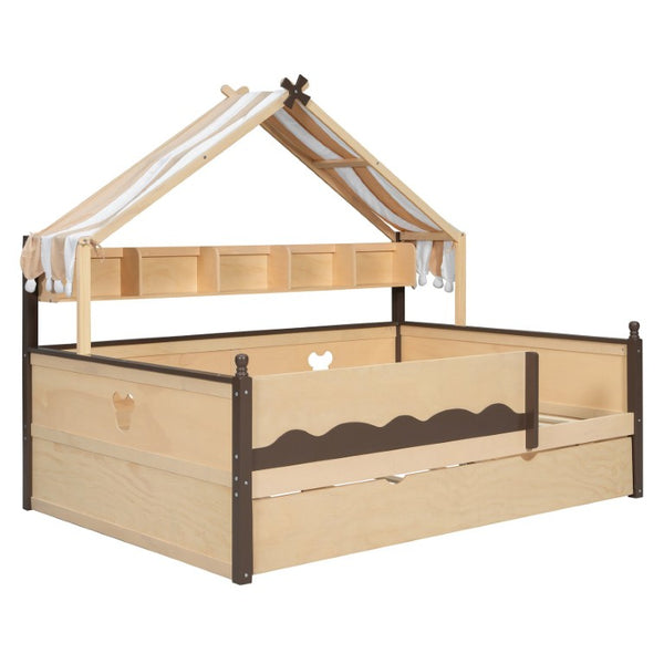 English Elm Full Size Playhouse Bed with Bookshelf Trundle Canopy and Pinewood Kids Frame Natural+Espresso 78.9 L x 56.9 W x 70.3 H LP000430AAN