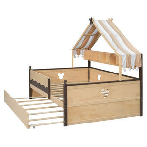 English Elm Full Size Playhouse Bed with Bookshelf Trundle Canopy and Pinewood Kids Frame Natural+Espresso 78.9 L x 56.9 W x 70.3 H LP000430AAN