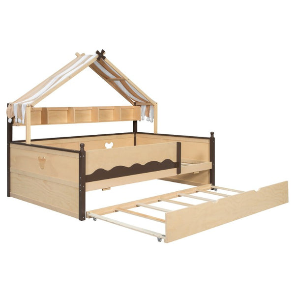 English Elm Full Size Playhouse Bed with Bookshelf Trundle Canopy and Pinewood Kids Frame Natural+Espresso 78.9 L x 56.9 W x 70.3 H LP000430AAN