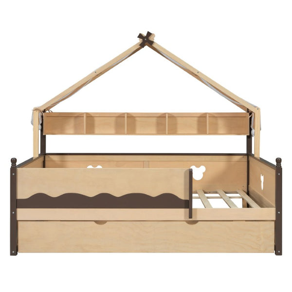 English Elm Full Size Playhouse Bed with Bookshelf Trundle Canopy and Pinewood Kids Frame Natural+Espresso 78.9 L x 56.9 W x 70.3 H LP000430AAN