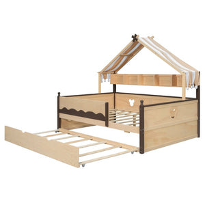 English Elm Full Size Playhouse Bed with Bookshelf Trundle Canopy and Pinewood Kids Frame Natural+Espresso 78.9 L x 56.9 W x 70.3 H LP000430AAN