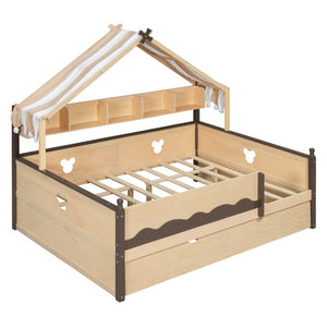 English Elm Full Size Playhouse Bed with Bookshelf Trundle Canopy and Pinewood Kids Frame Natural+Espresso 78.9 L x 56.9 W x 70.3 H LP000430AAN