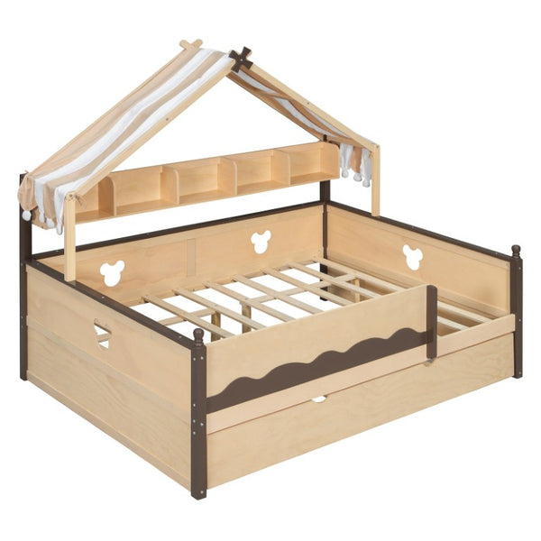 English Elm Full Size Playhouse Bed with Bookshelf Trundle Canopy and Pinewood Kids Frame Natural+Espresso 78.9 L x 56.9 W x 70.3 H LP000430AAN