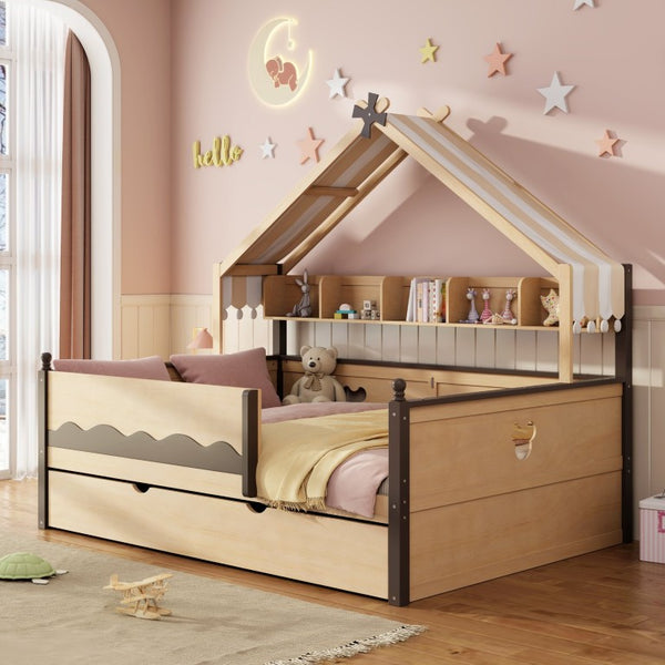 English Elm Full Size Playhouse Bed with Bookshelf Trundle Canopy and Pinewood Kids Frame Natural+Espresso 78.9 L x 56.9 W x 70.3 H LP000430AAN