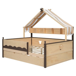 English Elm Full Size Playhouse Bed with Bookshelf Trundle Canopy and Pinewood Kids Frame Natural+Espresso 78.9 L x 56.9 W x 70.3 H LP000430AAN