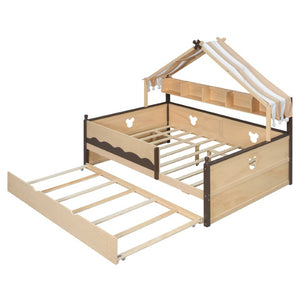 English Elm Full Size Playhouse Bed with Bookshelf Trundle Canopy and Pinewood Kids Frame Natural+Espresso 78.9 L x 56.9 W x 70.3 H LP000430AAN