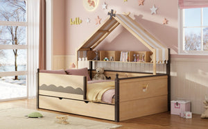 English Elm Full Size Playhouse Bed with Bookshelf Trundle Canopy and Pinewood Kids Frame Natural+Espresso 78.9 L x 56.9 W x 70.3 H LP000430AAN