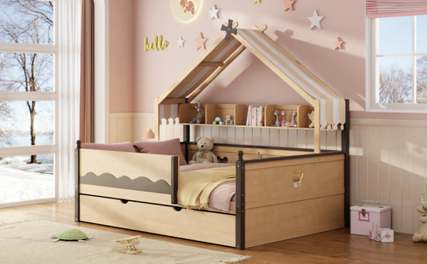English Elm Full Size Playhouse Bed with Bookshelf Trundle Canopy and Pinewood Kids Frame Natural+Espresso 78.9 L x 56.9 W x 70.3 H LP000430AAN