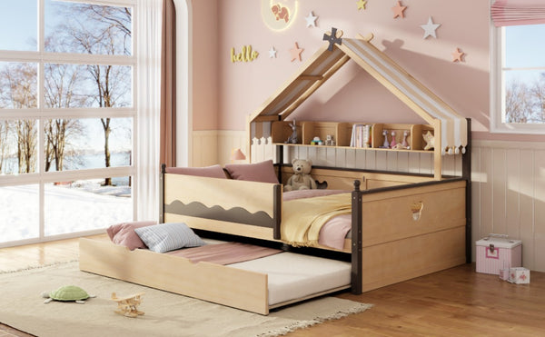 English Elm Full Size Playhouse Bed with Bookshelf Trundle Canopy and Pinewood Kids Frame Natural+Espresso 78.9 L x 56.9 W x 70.3 H LP000430AAN