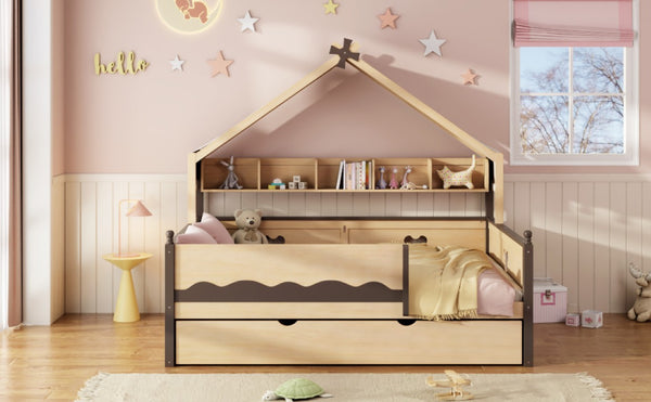 English Elm Full Size Playhouse Bed with Bookshelf Trundle Canopy and Pinewood Kids Frame Natural+Espresso 78.9 L x 56.9 W x 70.3 H LP000430AAN