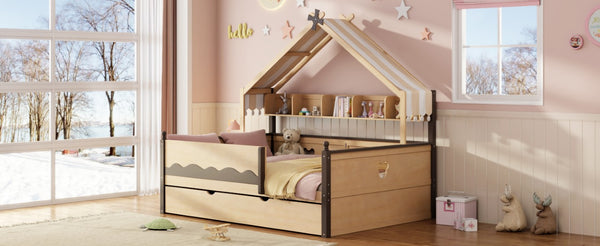 English Elm Full Size Playhouse Bed with Bookshelf Trundle Canopy and Pinewood Kids Frame Natural+Espresso 78.9 L x 56.9 W x 70.3 H LP000430AAN