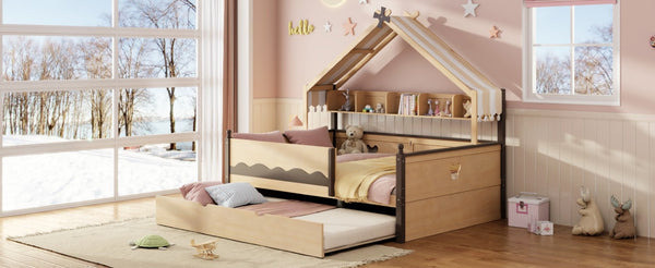 English Elm Full Size Playhouse Bed with Bookshelf Trundle Canopy and Pinewood Kids Frame Natural+Espresso 78.9 L x 56.9 W x 70.3 H LP000430AAN