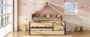 English Elm Full Size Playhouse Bed with Bookshelf Trundle Canopy and Pinewood Kids Frame Natural+Espresso 78.9 L x 56.9 W x 70.3 H LP000430AAN
