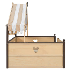 English Elm Full Size Playhouse Bed with Bookshelf Trundle Canopy and Pinewood Kids Frame Natural+Espresso 78.9 L x 56.9 W x 70.3 H LP000430AAN