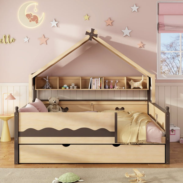 English Elm Full Size Playhouse Bed with Bookshelf Trundle Canopy and Pinewood Kids Frame Natural+Espresso 78.9 L x 56.9 W x 70.3 H LP000430AAN