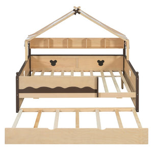 English Elm Full Size Playhouse Bed with Bookshelf Trundle Canopy and Pinewood Kids Frame Natural+Espresso 78.9 L x 56.9 W x 70.3 H LP000430AAN
