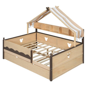 English Elm Full Size Playhouse Bed with Bookshelf Trundle Canopy and Pinewood Kids Frame Natural+Espresso 78.9 L x 56.9 W x 70.3 H LP000430AAN