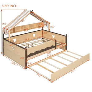 English Elm Full Size Playhouse Bed with Bookshelf Trundle Canopy and Pinewood Kids Frame Natural+Espresso 78.9 L x 56.9 W x 70.3 H LP000430AAN
