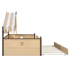English Elm Full Size Playhouse Bed with Bookshelf Trundle Canopy and Pinewood Kids Frame Natural+Espresso 78.9 L x 56.9 W x 70.3 H LP000430AAN