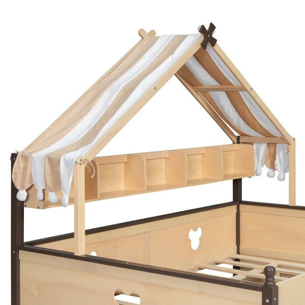 English Elm Full Size Playhouse Bed with Bookshelf Trundle Canopy and Pinewood Kids Frame Natural+Espresso 78.9 L x 56.9 W x 70.3 H LP000430AAN