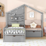 Hearth and Haven Chase Twin House Bed with Upholstered Sofa, Wireless Charging, Shelves and Two Drawers, Grey