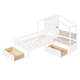 Hearth and Haven Chase Twin House Bed with Upholstered Sofa, Wireless Charging, Shelves and Two Drawers, White