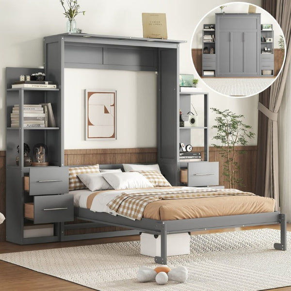 English Elm Full Size Murphy Wall Bed with LED Lighting Built-In Shelves and Drawers for Studio Rooms Gray LP000565AAE-2