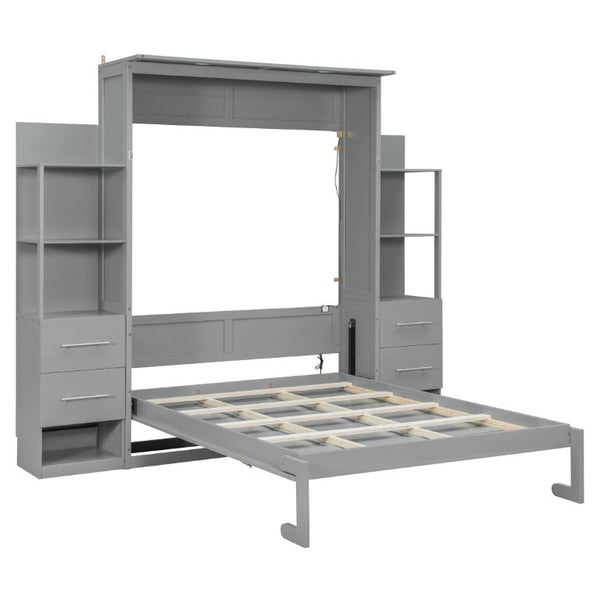 English Elm Full Size Murphy Wall Bed with LED Lighting Built-In Shelves and Drawers for Studio Rooms Gray LP000565AAE-2