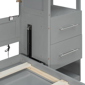 English Elm Full Size Murphy Wall Bed with LED Lighting Built-In Shelves and Drawers for Studio Rooms Gray LP000565AAE-2