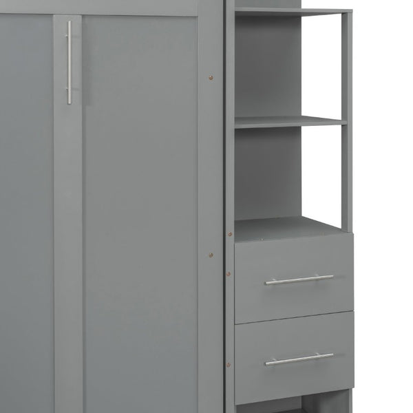 English Elm Full Size Murphy Wall Bed with LED Lighting Built-In Shelves and Drawers for Studio Rooms Gray LP000565AAE-2