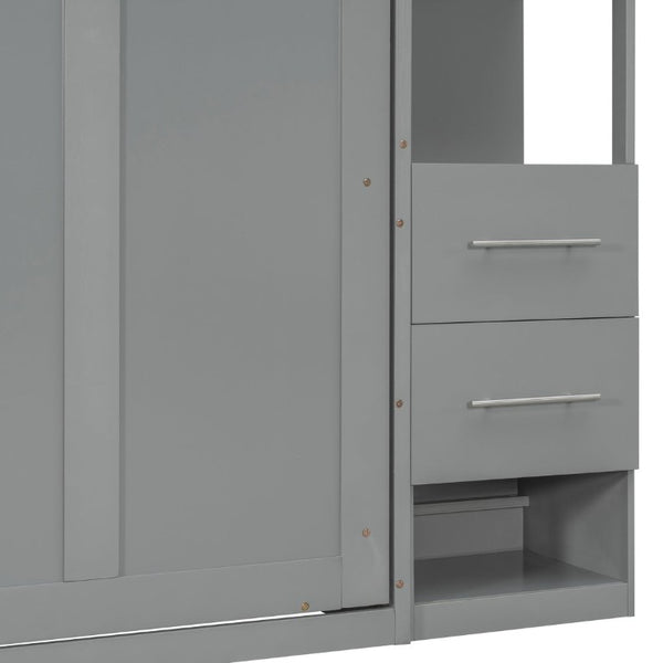 English Elm Full Size Murphy Wall Bed with LED Lighting Built-In Shelves and Drawers for Studio Rooms Gray LP000565AAE-2
