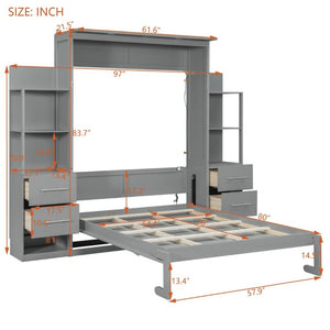 English Elm Full Size Murphy Wall Bed with LED Lighting Built-In Shelves and Drawers for Studio Rooms Gray LP000565AAE-2