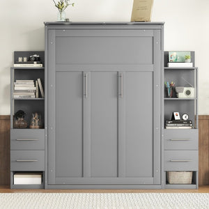 English Elm Full Size Murphy Wall Bed with LED Lighting Built-In Shelves and Drawers for Studio Rooms Gray LP000565AAE-2