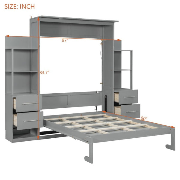 English Elm Full Size Murphy Wall Bed with LED Lighting Built-In Shelves and Drawers for Studio Rooms Gray LP000565AAE-2